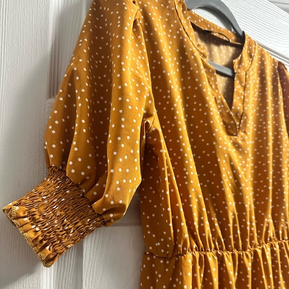 Polka Dot Ruffle Neck Dress (Mustard Yellow) Size Small - Picture 3 of 8
